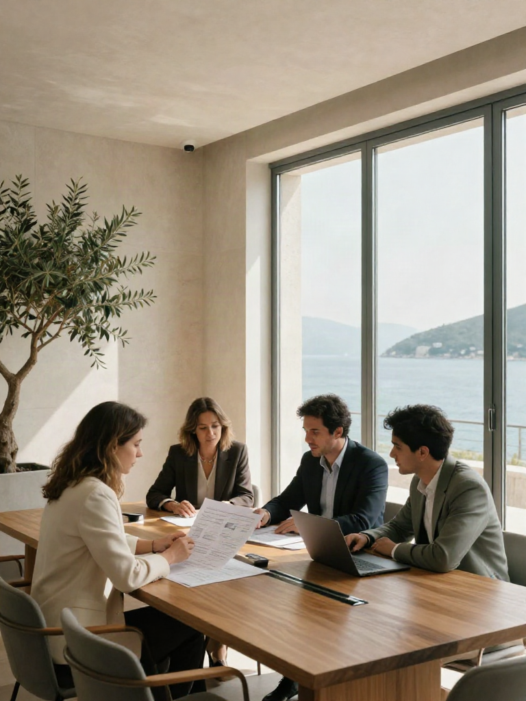 Consultants reviewing business strategy in a sunlit boardroom overlooking the Adriatic coast