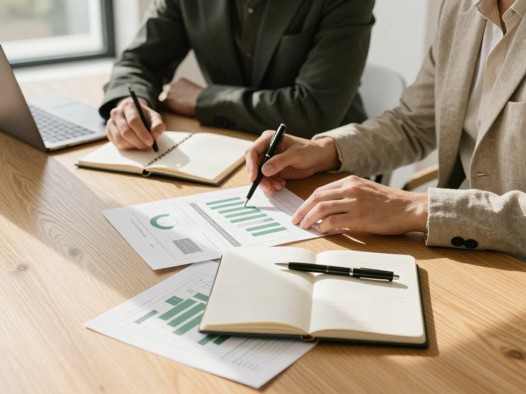 Hands reviewing green analytical charts and discussing business priorities around an oak table